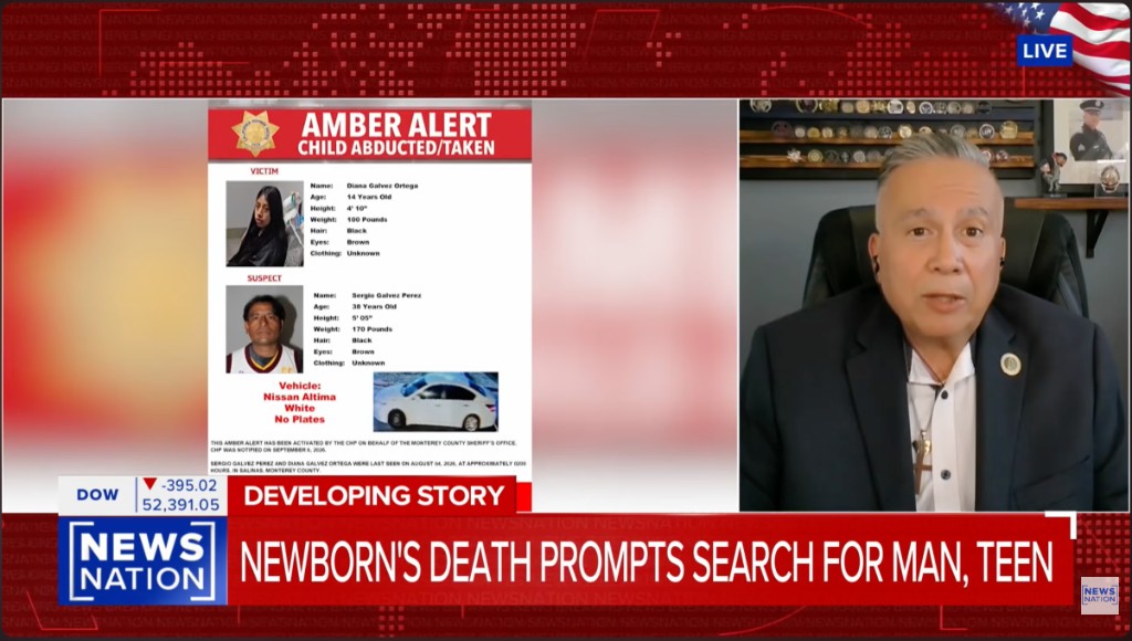 NewsNation Live broadcast showing the Amber Alert for Diana Galvez Ortega alongside retired LAPD Detective Moses Castillo