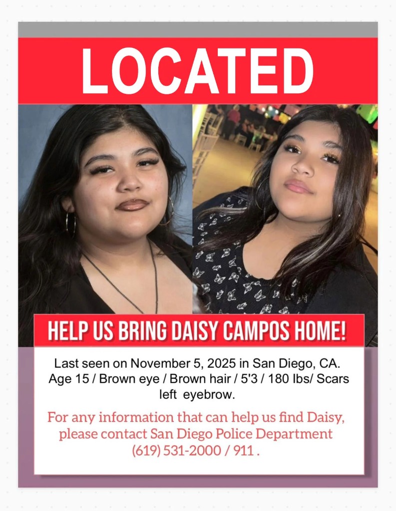 Missing person flyer for Daisey Compos marked as located