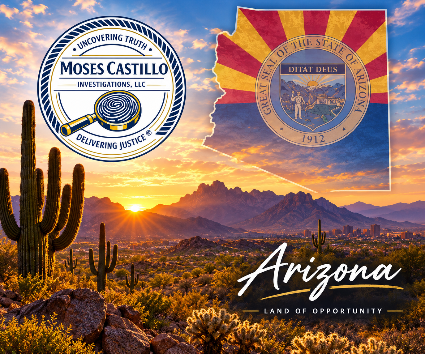 Moses Castillo Investigations logo and the Arizona state seal over a Sonoran desert sunset