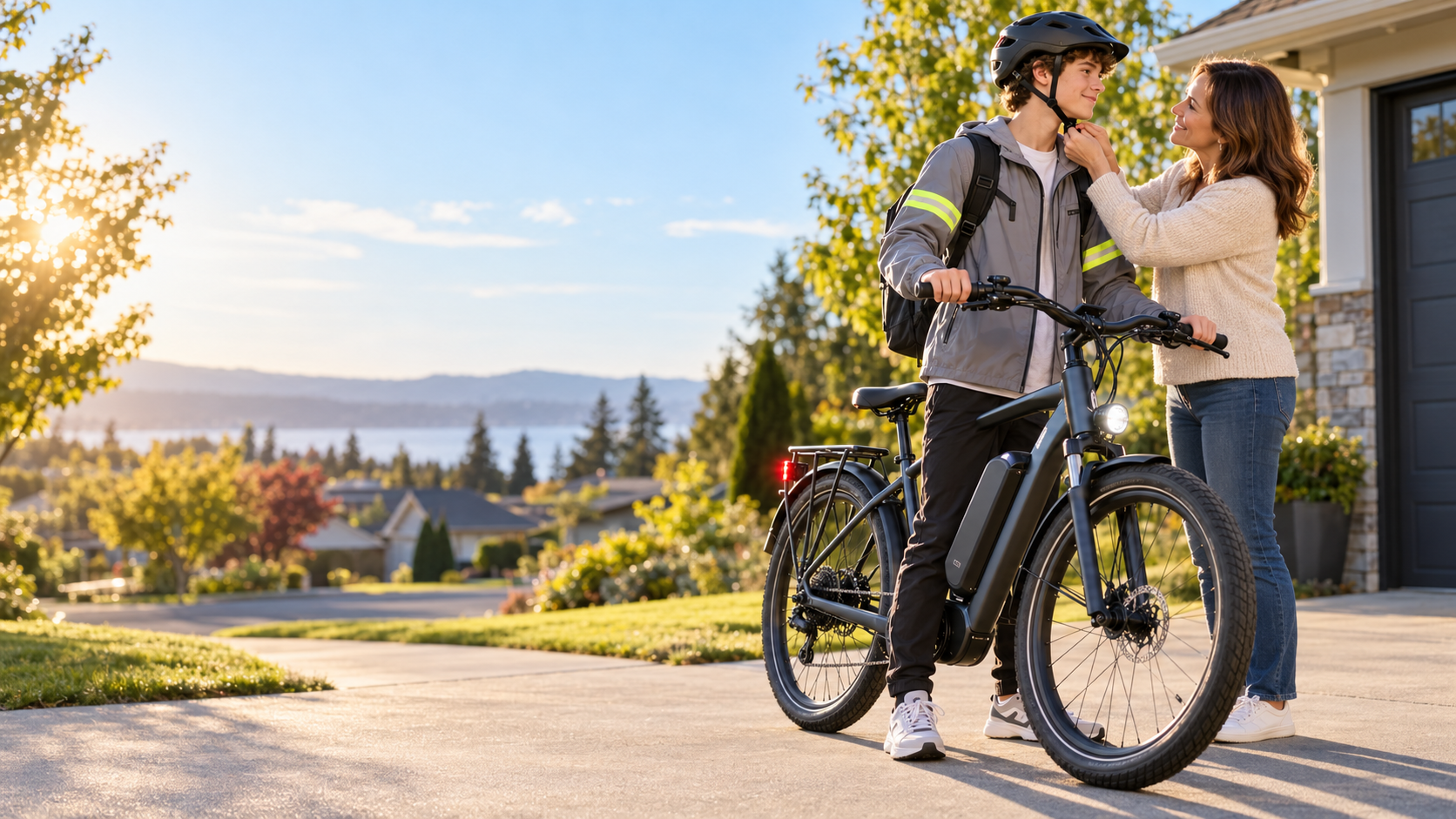 A parent fastening a teenage boy's helmet strap beside his e-bike on a suburban driveway