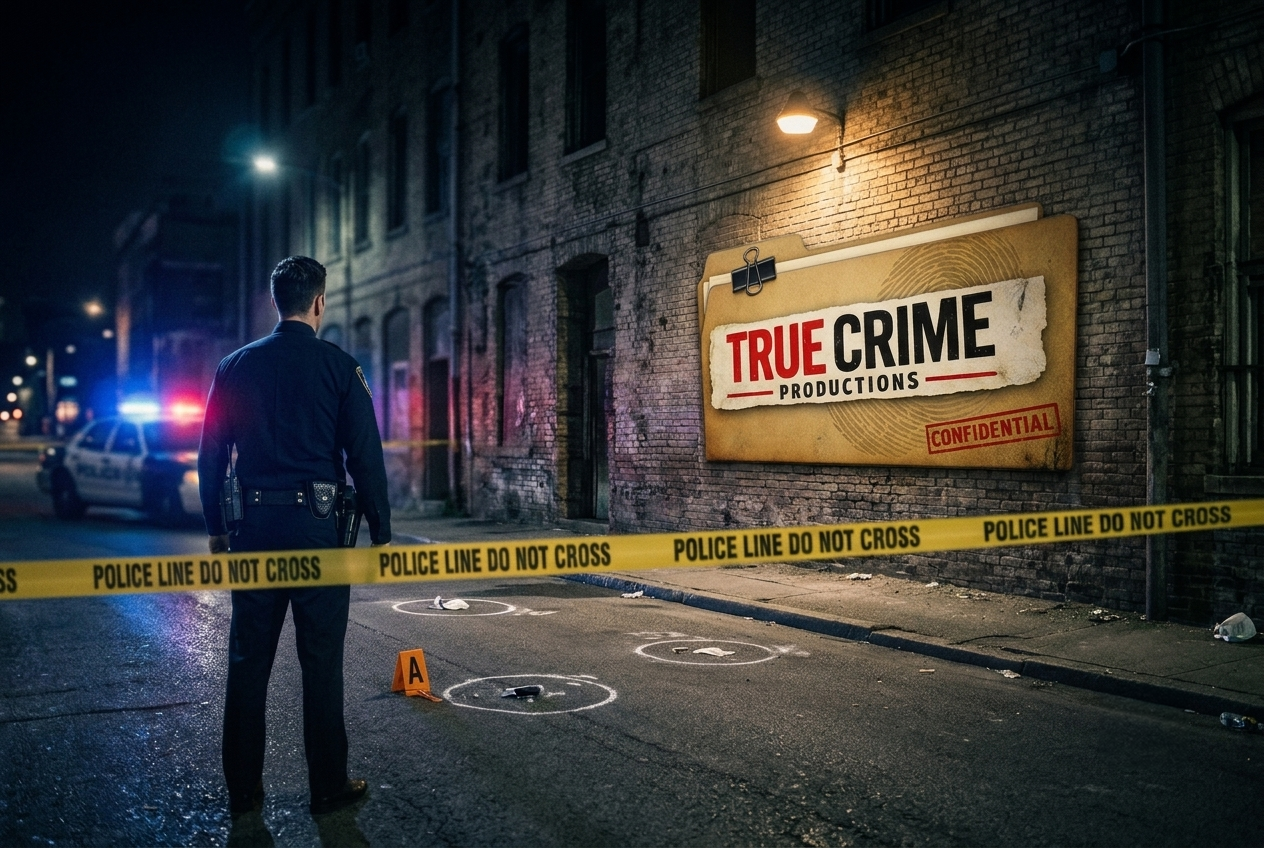 A police officer at a nighttime crime scene beside a True Crime Productions billboard