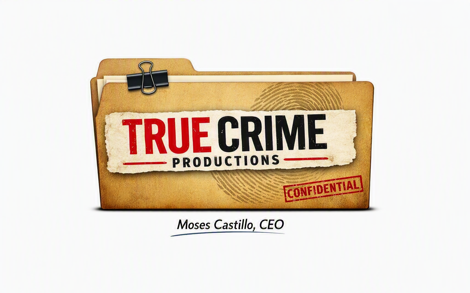 True Crime Productions logo on a confidential case file, with Moses Castillo, CEO